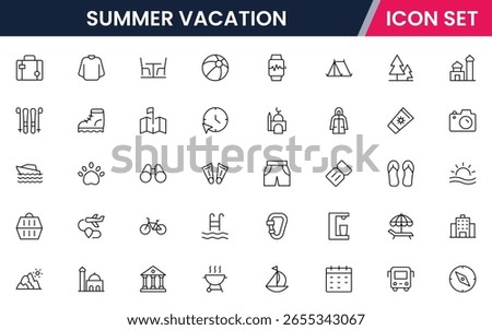 Summer Vacation vector web line icon collection, sleek illustrations of tents, campfires, backpacks, nature for adventurous, outdoor designs.