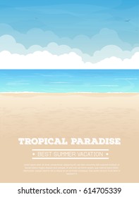 Summer vacation vertical banner with text. Tropical sand beach, sea or ocean with waves and big clouds on horizon, sea birds flying in the sky. Seaside view. Vector realistic illustration.