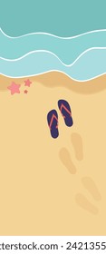 Summer vacation vertical social media  background for advertising or announcement. Flip-flops on a sandy ocean beach and three starfishes. Flip flops by the sea. Sea waves, sand and footprints in sand