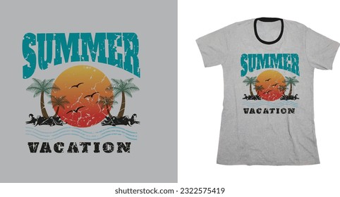 summer vacation vintage with broken effect t shirt design, tree bird sun beach natural view, 