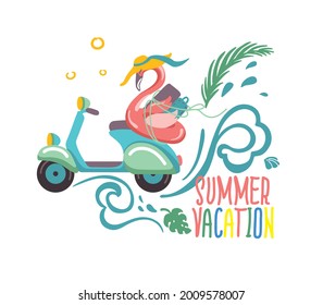 Summer vacation in vintage scooter, holiday in beach, tourism, motorcycle, vector