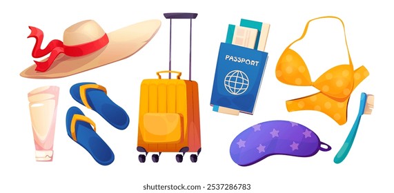 Summer vacation voyage stuff set - wide brimmed hat and blue flip-flops, orange suitcase and travel documents include passport with tickets, yellow bikini swimsuit, sunscreen tube and toothbrush.