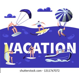 Summer Vacation Water Sport Activity Typography Banner. Tropical Ocean Beach Wind Equipment. Creative Kayaking Ride Motivation Poster. Sea Holiday Leisure Trip Flat Cartoon Vector Illustration