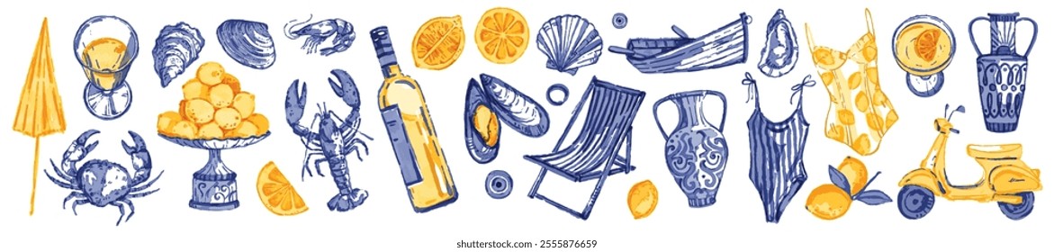 Summer vacation watercolor illustration set, vector hand drawn Italian coast sea print, beach lounge. Yellow lemonade citrus bottle, seafood picnic oyster, swimming suit, boat, shell. Summer vacation