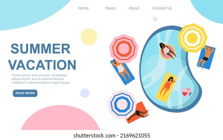 Summer vacation web banner interface with people floating on lifebuoy in pool or sea, flat vector illustration. Landing or presentation page template with people enjoying sun. EPS