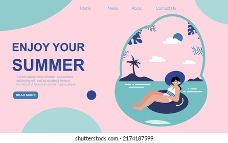 Summer vacation web banner interface with girl floating on lifebuoy in sea, flat vector illustration. Landing or presentation page template with woman enjoying sun. EPS