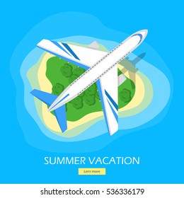 Summer vacation web banner. Modern airliner flying over green tropical island with beach in ocean flat vector illustration. Leisure in exotic countries. For travel agency, airline landing page design