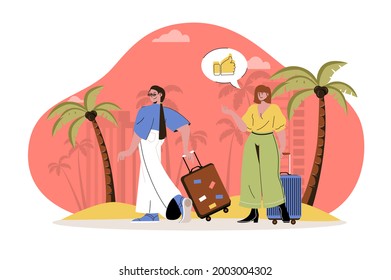 Concepto de carácter web de vacaciones de verano. Las mujeres con maletas se fueron de viaje, de viaje de verano a la ciudad tropical costera junto con una escena aislada con personas. Ilustración de vectores con personas de diseño plano