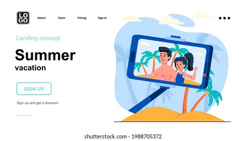 Summer vacation web concept. Couple taking selfie on beach. Man and woman resting seaside resort. Template of people scene. Vector illustration with character activities in flat design for website