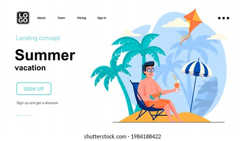 Summer vacation web concept. Man sunbathes in lounger under umbrella, resting at seaside resort. Template of people scenes. Vector illustration with character activities in flat design for website