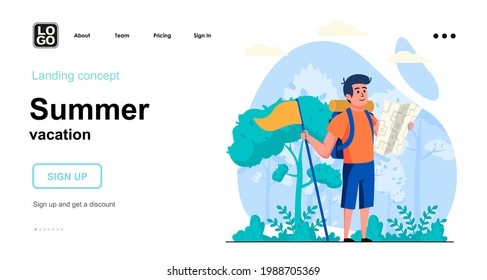 Summer vacation web concept. Man tourist with backpack looks at map, chooses route for hiking. Template of people scene. Vector illustration with character activities in flat design for website