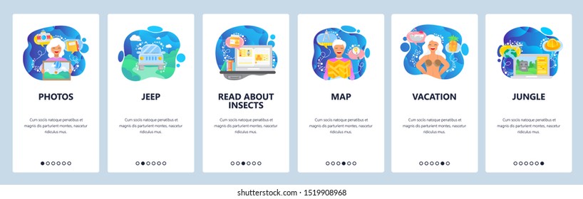 Summer vacation web site and mobile app onboarding screens. Menu banner vector template for website and application development with blue gradient dynamic liquid abstract shapes.