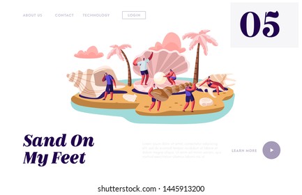 Summer Vacation Website Landing Page, Happy Tourists, Male and Female Characters on Exotic Island Sandy Beach with Palm Trees, Seashells and Conch Web Page. Cartoon Flat Vector Illustration, Banner