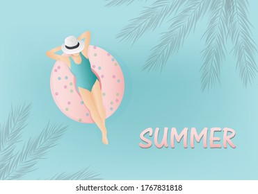 Summer vacation A woman in a bikini on an inflatable mattress in a swimming pool