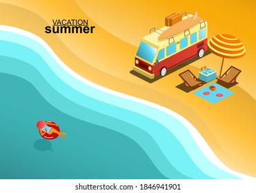 Summer vacation woman in bikini sunbathing on inflatable donut mattress using mobile cell phone in blue sea. 
Hippie van and surfboard parked on the beach with picnic equipment.
Happy Summertime.