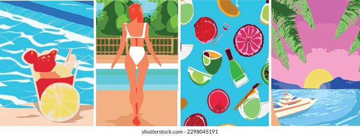summer, vacation woman pool Vector illustrations at the resort, woman relaxing in the pool,  greeting card, poster cocktails sunset yacht 