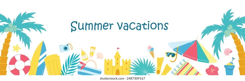 Summer vacations background. Beach vacations elements. Vector web banner template