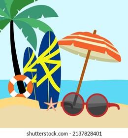 summer vacations banner with palm tree, surfboard, glasses and banner and beach in blue scene design, colorful and flat vector illustration graphic