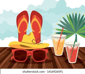 Summer vacations and beach cartoons sunglasses hat and juice cups with flip flops vector illustration graphic design