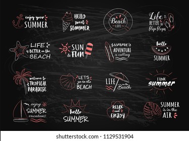 Summer vacations - collection of chalk drawing on blackboard. Vector.