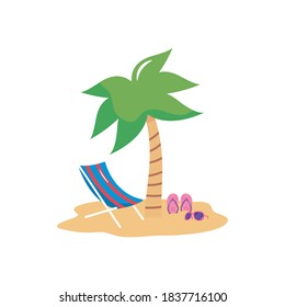 summer vacations concept, beach with beach chair and flip flops over white background, flat style, vector illustration