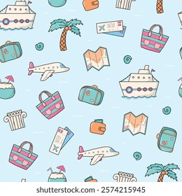 Summer vacations, cruise holidays doodles seamless pattern for wallpaper, wrapping paper, scrapbooking, digital paper, textile prints, backgrounds, packaging, etc. EPS 10