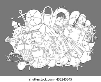 Summer vacations doodles banner. Ocean trip drawn element. Summer time sketches. Pencil effect simple objects. Black and white tropical resort items.