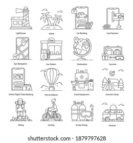 
Summer Vacations Flat Outline Conceptual Icons Pack 