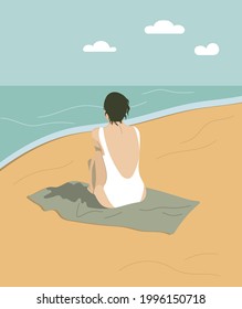 Summer vacations. Flat vector illustration. Woman summer relaxing. Summer vacation poster or flyer design template. Illustration pastel colors. Girl on the beach looking at the sea. 