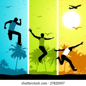 Summer vacations, funny people on colorful background