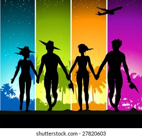 Summer vacations, funny people on colorful background