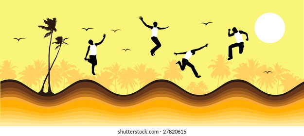 Summer vacations, funny people on colorful background