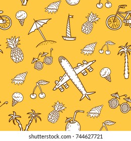 Summer vacations, hand drawn vector pattern with plane, palms, pineapples, coconut, sunglasses, and parasols. Great for textile of any surface print. Fully editable.