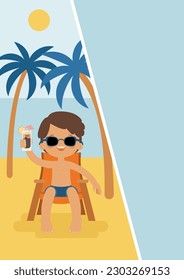 Summer vacations, Summer holidays,  Summer travel. travel destination. Happy man sitting in front of the sea or ocean with a cold drink under palms. Vector illustration