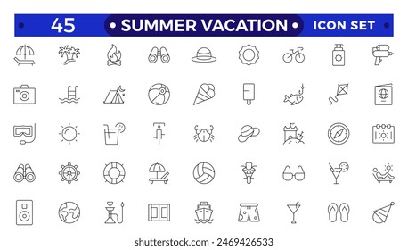 vacaciones de verano icono conjunto. Ilustraciones de líneas finas de Vector con objetos, actividades y lugares relacionados con viajes, turismo, actividades al aire libre en la playa y la montaña, camping, resorts y hoteles.
