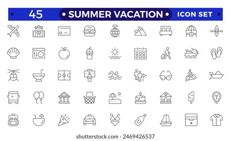 summer vacations icon set. Vector thin line illustrations with objects, activities and places related with traveling, tourism, outdoors in the beach and mountain, camping, resorts and hotels.
