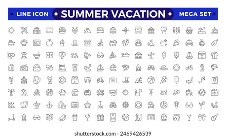 summer vacations icon set. Vector thin line illustrations with objects, activities and places related with traveling, tourism, outdoors in the beach and mountain, camping, resorts and hotels.
