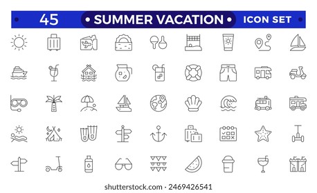 summer vacations icon set. Vector thin line illustrations with objects, activities and places related with traveling, tourism, outdoors in the beach and mountain, camping, resorts and hotels.
