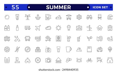 summer vacations icon set. Vector thin line illustrations with objects, activities and places related with traveling, tourism, outdoors in the beach and mountain, camping, resorts and hotels.
