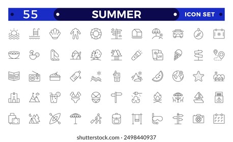 summer vacations icon set. Vector thin line illustrations with objects, activities and places related with traveling, tourism, outdoors in the beach and mountain, camping, resorts and hotels.
