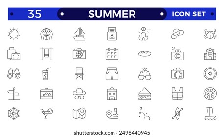 summer vacations icon set. Vector thin line illustrations with objects, activities and places related with traveling, tourism, outdoors in the beach and mountain, camping, resorts and hotels.
