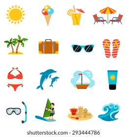 Summer and vacations icons set with suitcase sunglasses and beach flat isolated vector illustration 