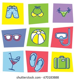 Summer and vacations icons set with suitcase sunglasses and beach flat isolated vector illustration
