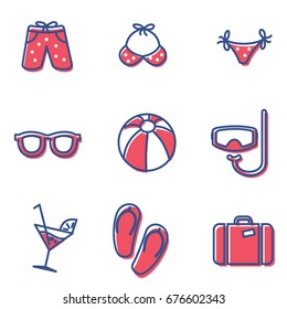 Summer and vacations icons set with suitcase sunglasses and beach flat isolated vector illustration
