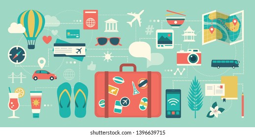 Summer Vacations And International Traveling: Suitcase, Smartphone And Network Of Traveling Icons