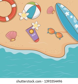 summer vacations items on the beach airview scene