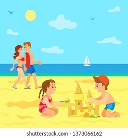 Summer vacations of kids vector, beach and seaside view, Family on holidays, couple parents walking along coast and kids building castle from sand