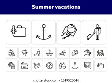 Summer vacations line icon set. Tourist, flight, adventure. Traveling concept. Can be used for topics like journey, voyage, recreation