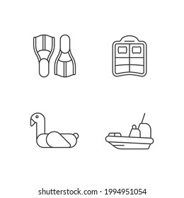 Summer vacations linear icons set. Swimfins. Double pool float. Children swim ring. Rescue boat. Customizable thin line contour symbols. Isolated vector outline illustrations. Editable stroke