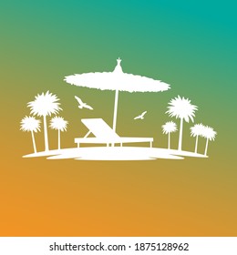 Summer Vacations Scene Illustration. Paradise Resort Umbrella in the Beach. Tropical Silhouette with Palm Trees.
